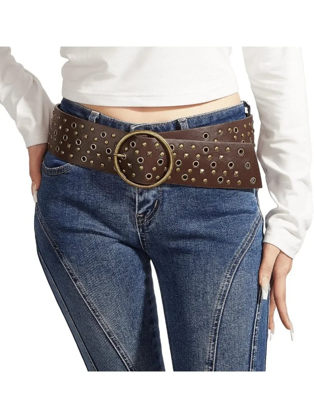 Women's Brown Leather Concho Belt Vintage Cowgirl Studded Belt Country Belt